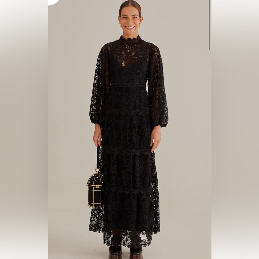 Farm Rio Black Guipure Long Sleeve Maxi Dress